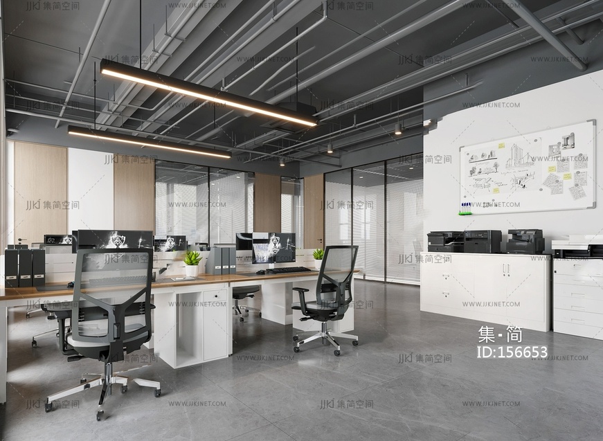 现代公共办公区_办公桌椅_员工工位打印机白板3D模型