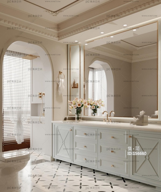 法式奶油风卫生间_洗手盆_马桶抽纸盒花瓶3D模型