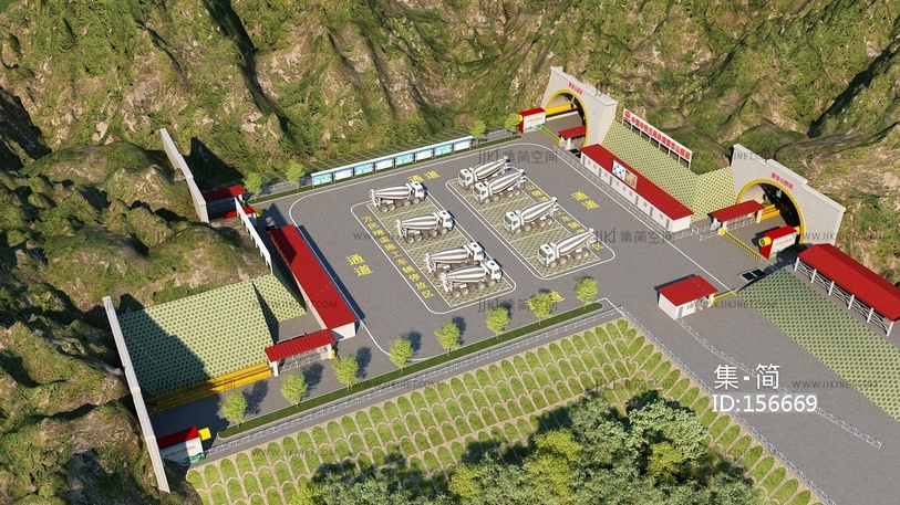 现代隧道_隧道口搅拌车高铁隧道口道闸护坡山脉3D模型