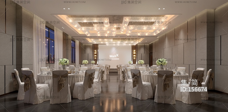 现代宴会厅宴会厅桌椅水晶吊灯3D模型