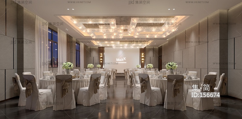 现代宴会厅宴会厅桌椅水晶吊灯3D模型