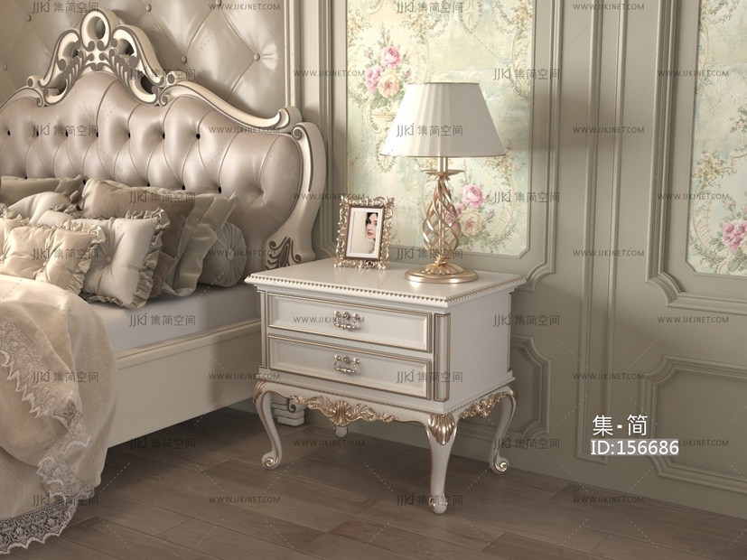 欧式床头柜_欧式床头柜欧式双人床3D模型