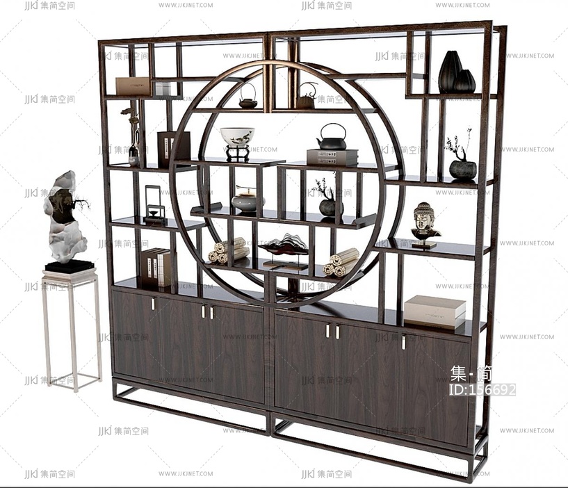 新中式博古架摆台花架佛头竹简3D模型