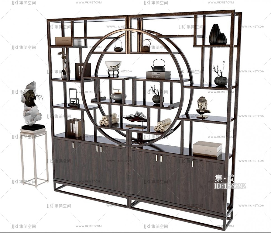 新中式博古架摆台花架佛头竹简3D模型