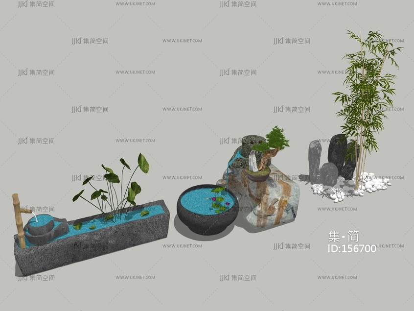 中式庭院小品假山水景 su草图模型