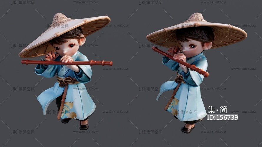 戴草帽吹笛子的古装小男孩 su草图模型
