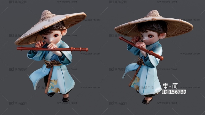 戴草帽吹笛子的古装小男孩 su草图模型