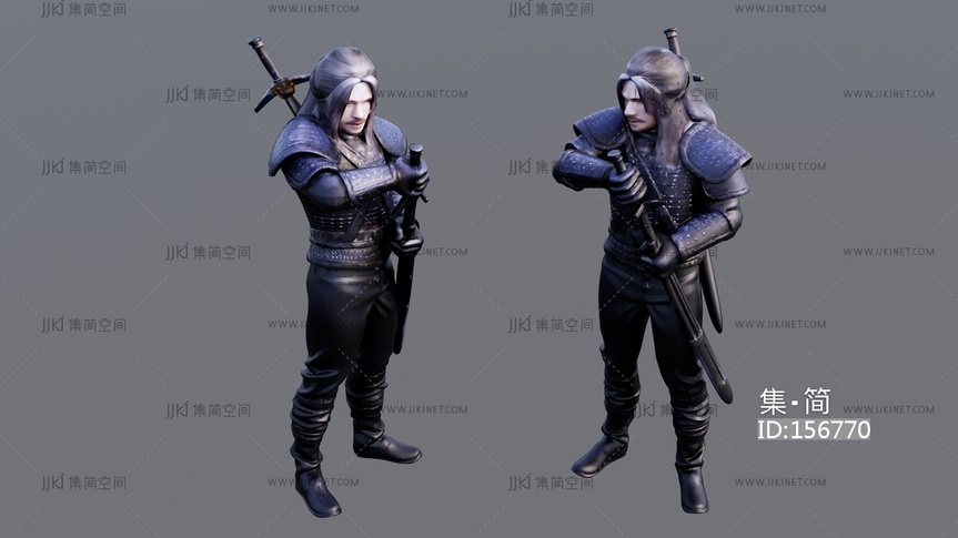 长发留胡子身穿战甲的武士 su草图模型