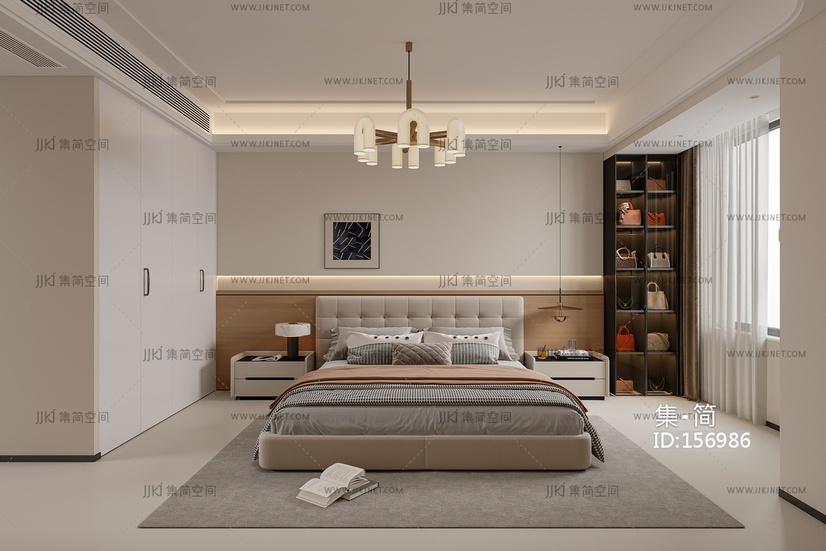13-现代卧室，现代双人床包包皮包展示柜床头柜