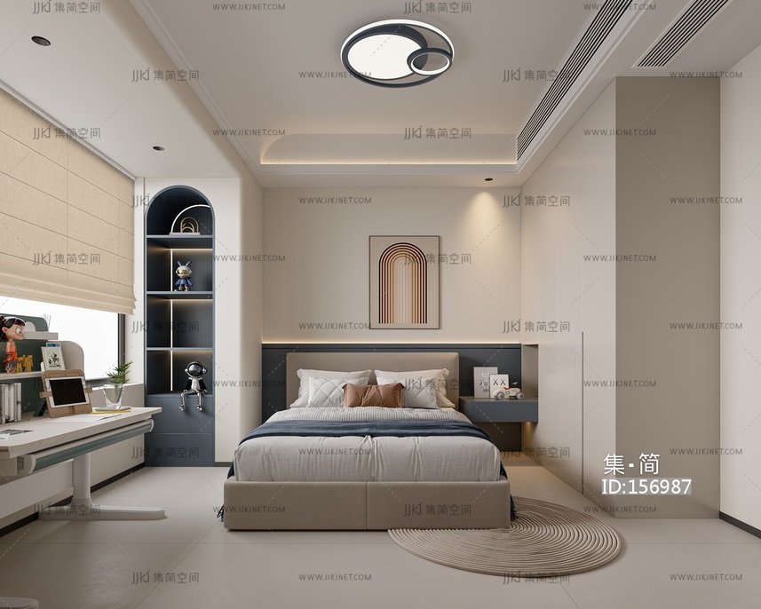 07-现代儿童房，儿童床学习桌-