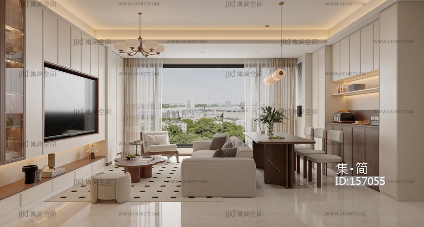 客餐厅现代客厅橱柜电视背景墙，奶油风休闲椅