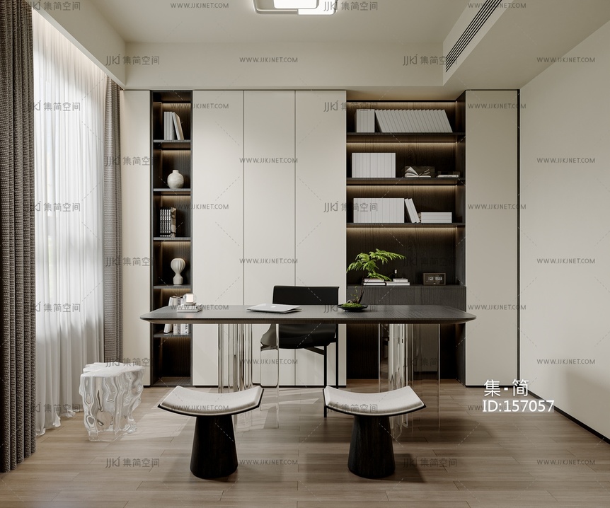 现代书房,书桌椅，书柜亚克力座椅，