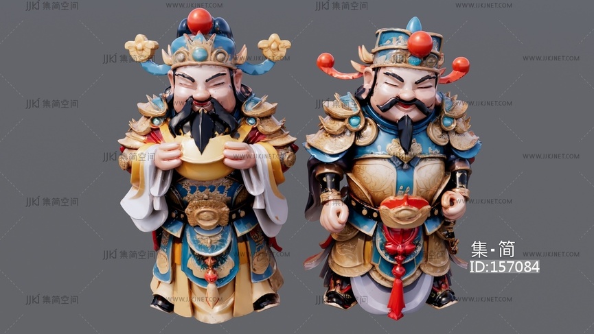 两个财神雕塑组合