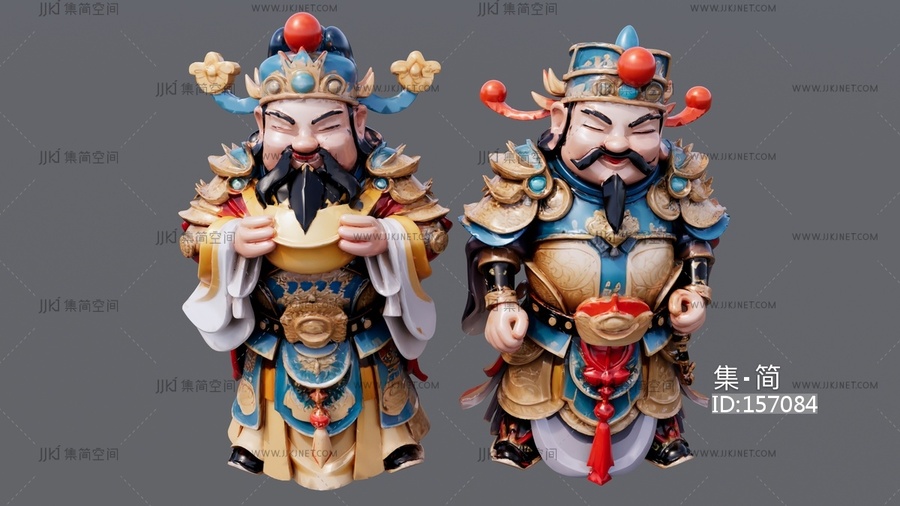 两个财神雕塑组合
