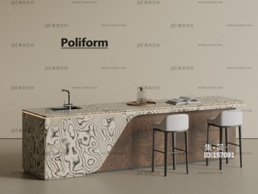 意式法式岛台 厨房岛台 餐桌椅_SU模型