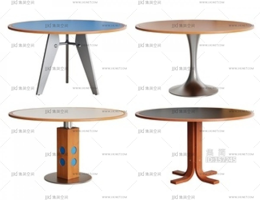 复古中古餐桌 实木圆桌 SU模型