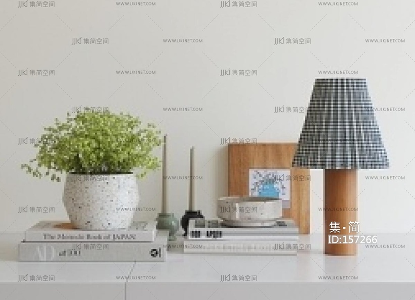 现代中古摆件组合_书籍摆件_绿植摆件_茶几摆件SU模型