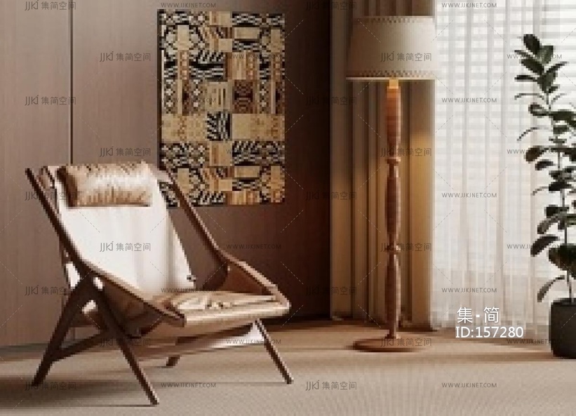 中古风休闲椅_落地灯SU模型