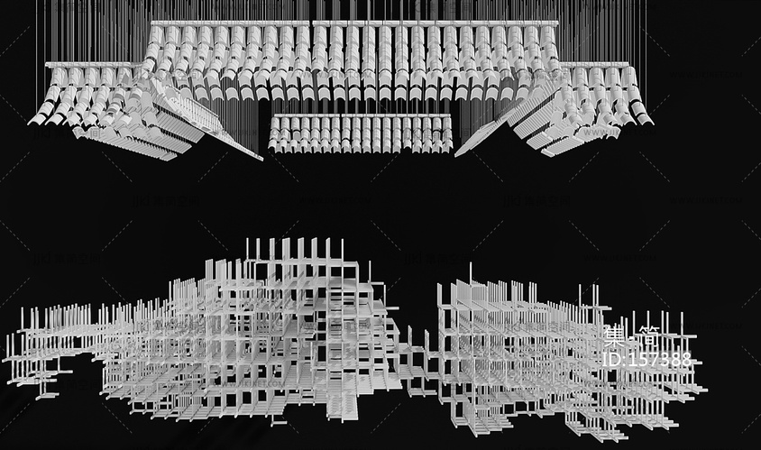 新中式屋檐瓦片大型吊灯古建瓦片吊灯3D模型