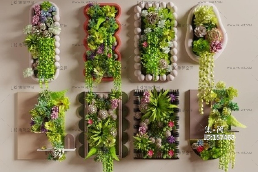 现代挂件 植物墙饰挂件 多肉植物墙 多肉挂件 绿植墙 墙饰SU模型
