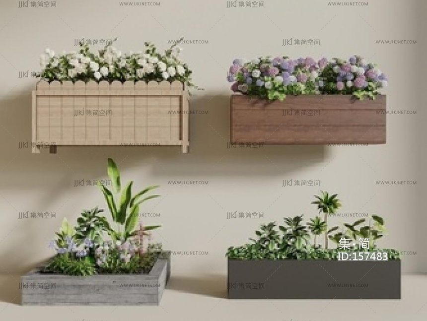 外摆花箱 花境 花盆花钵 移动花箱SU模型