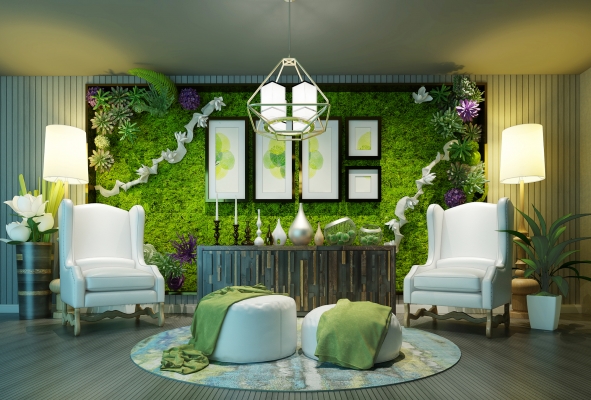 Z07-0918现代绿植墙植物墙美式高靠背沙发合