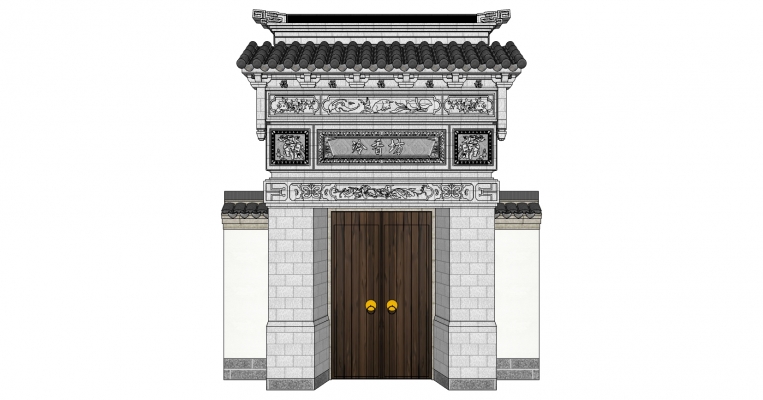 03中式古建大门门头门楼石狮子院墙屋檐中式雕花砖雕