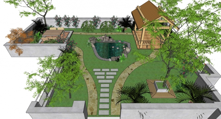 23中式户外景观庭院空中屋顶花园凉亭户外植物水池