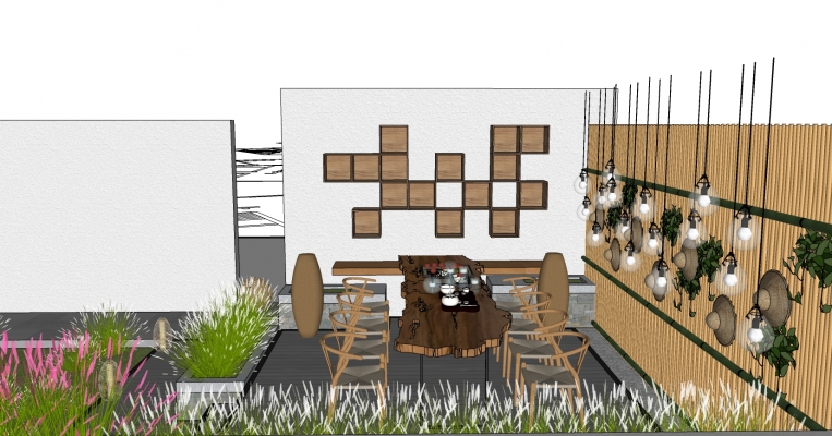 0025新中式屋顶阳台庭院景观植物实木木头餐桌椅子