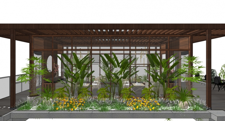 中式阳光房会所木架子房子芭蕉叶植物花槽 