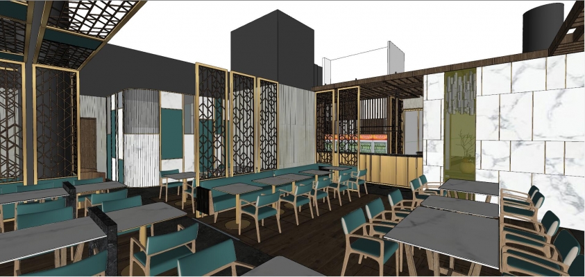 07现代新中式餐厅金属花格装饰屏风卡座两人位四人位就餐区