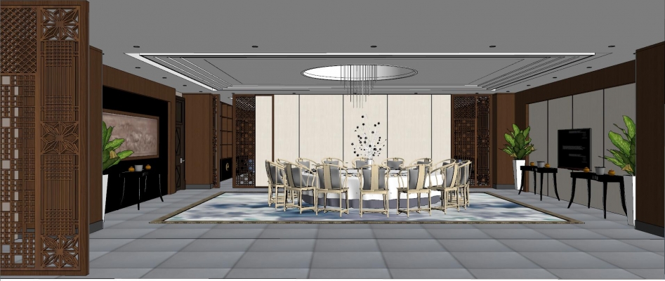 12现代新中式餐厅包间木雕花装饰屏风硬包隔断墙面浮雕挂画六人位品茶区14人就餐区