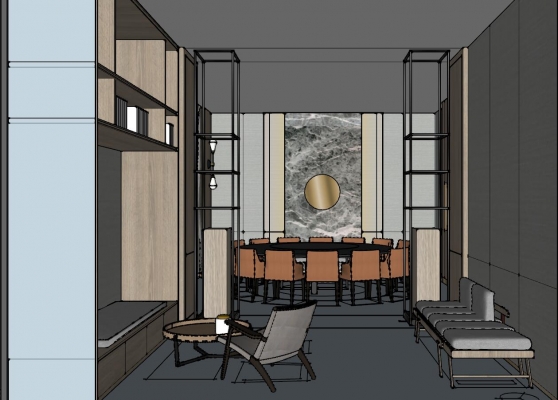 16现代新中式餐厅包间皮革餐椅灰色石材圆形餐桌布艺沙发休息区