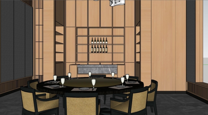 18现代新中式会客厅餐厅木板装饰酒柜水吧台实木圆形餐桌6人位布艺休闲沙发品茶区