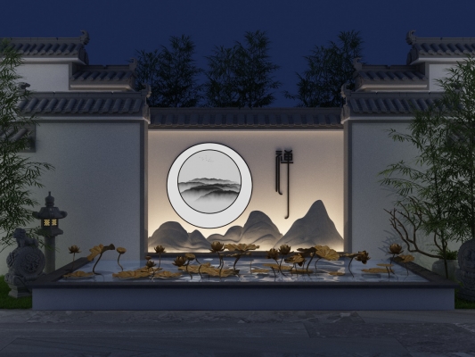 新中式徽派建筑园林景观院墙小品，荷花池，水景，竹子竹林，报鼓庭院石头灯