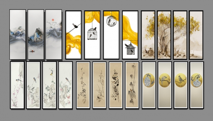 新中式水墨花鸟，假山，鸟笼组合装饰画挂画