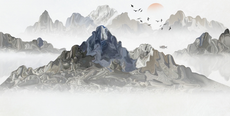新中式水墨山脉。山峰图案，装饰画背景屏风画 (3)