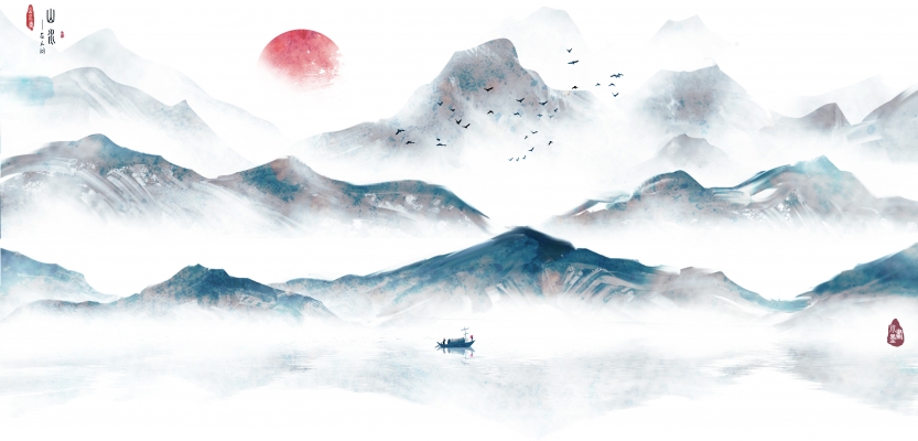 新中式水墨山脉。山峰图案，装饰画背景屏风画 (4)