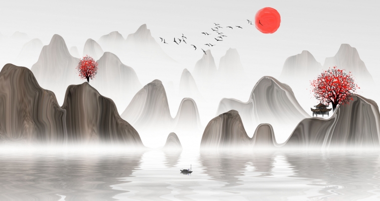新中式水墨山脉。山峰图案，装饰画背景屏风画 (5)