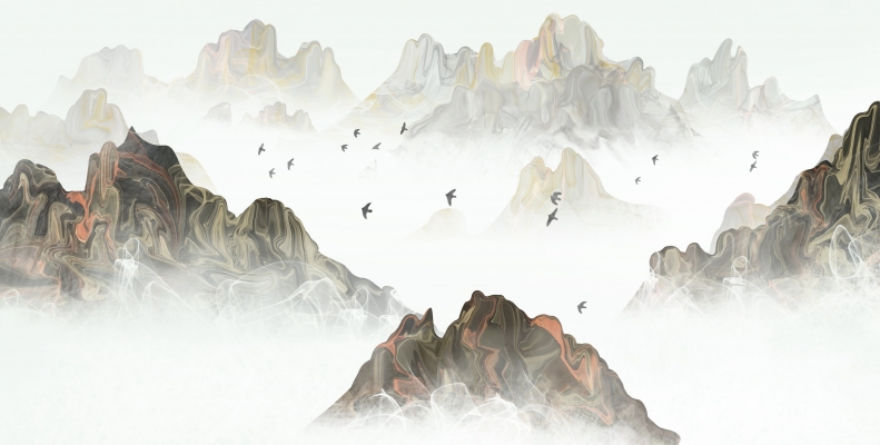 新中式水墨山脉。山峰图案，装饰画背景屏风画 (7)
