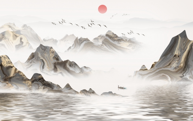 新中式水墨山脉。山峰图案，装饰画背景屏风画 (8)