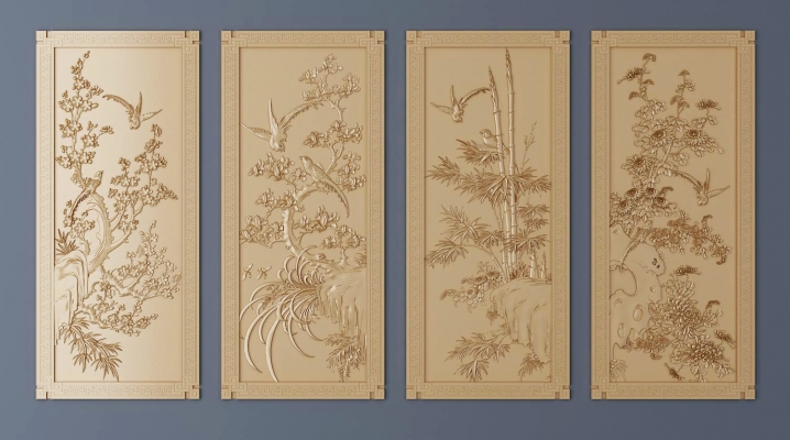 中式雕花，梅兰竹菊花纹图案浮雕