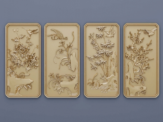 中式雕花，梅兰竹菊，花鸟植物图案，雕花