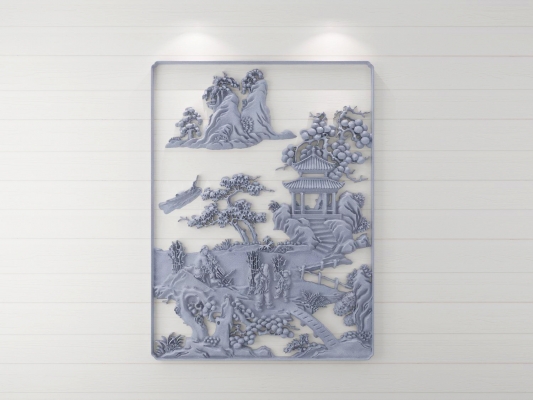中式浮雕，山，凉亭图案，雕花