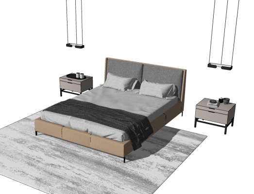 现代双人床，床头柜，床头小吊灯，地毯