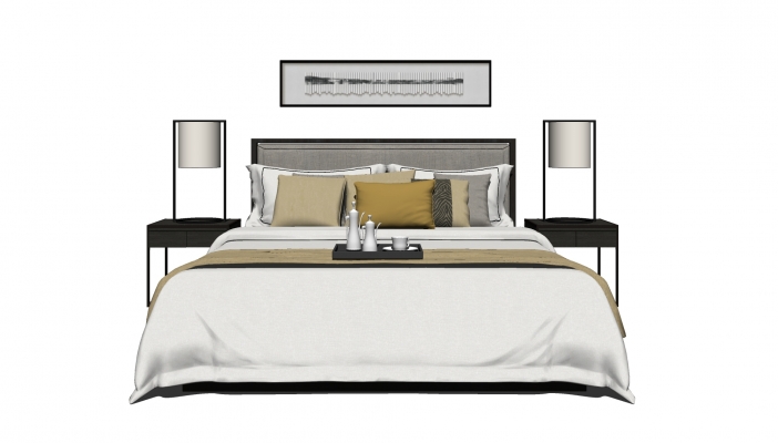 新中式风格双人床，床头柜，台灯，床头立体装饰挂画，摆件托盘