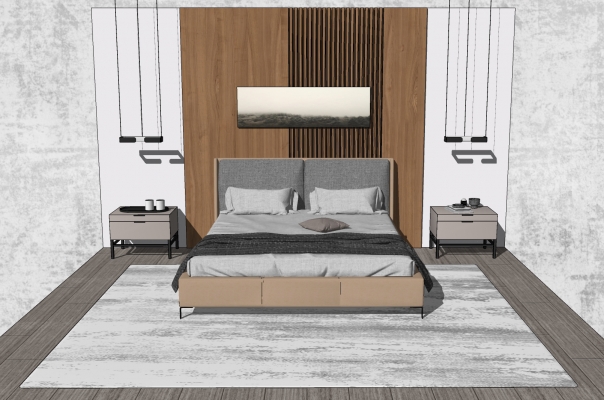 现代简约北欧布艺双人床，床头柜组合，床头小吊灯，床头背景墙，装饰挂画，摆件
