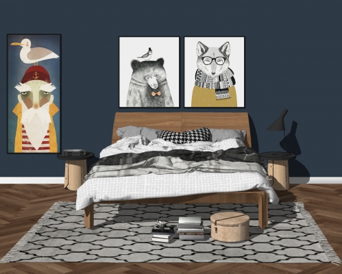 北欧木艺双人床，床头柜，床头装饰挂画组合，台灯