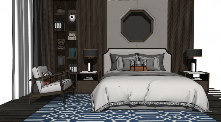 卧室新中式双人床,床头柜,单椅,床头六边形背景墙，台灯，摆件