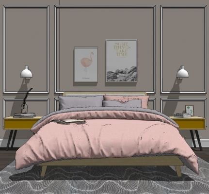 北欧双人床，床头柜，床头壁灯组合， 装饰画，地毯